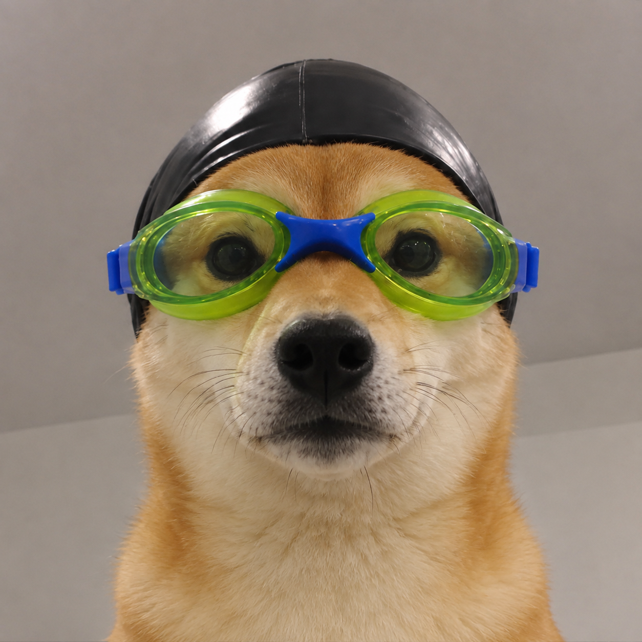 NASDAWG — a Shiba Inu in a black swim cap and lime-green goggles